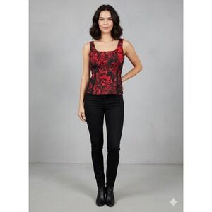 Cache red and black floral corset style structured sleeveless top womens small